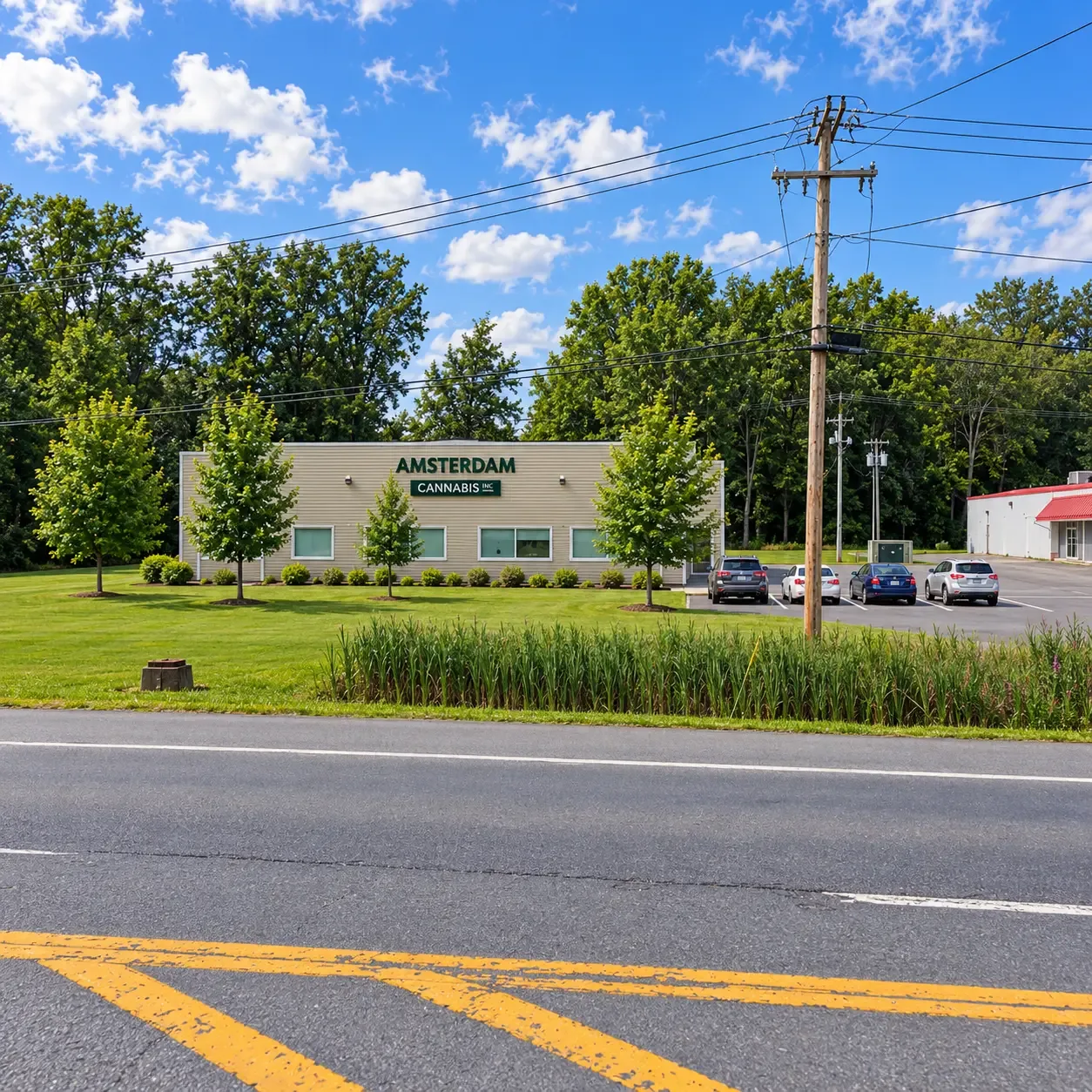 The Amsterdam Cannabis building seen from NY-5S on a sunny day, with a lawn, young trees and cars in the side lot
