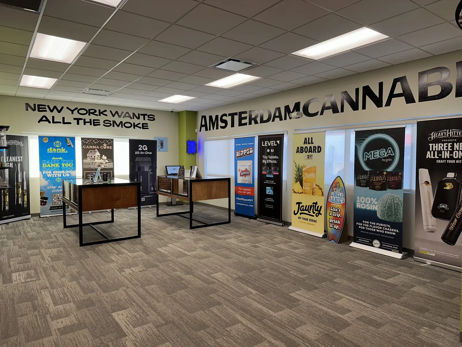 Wide view of the shop with Amsterdam Cannabis lettered across the wall